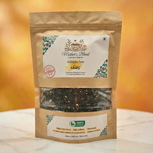 Black tea package with 'Mother's Blend' label on a white and orange gradient background