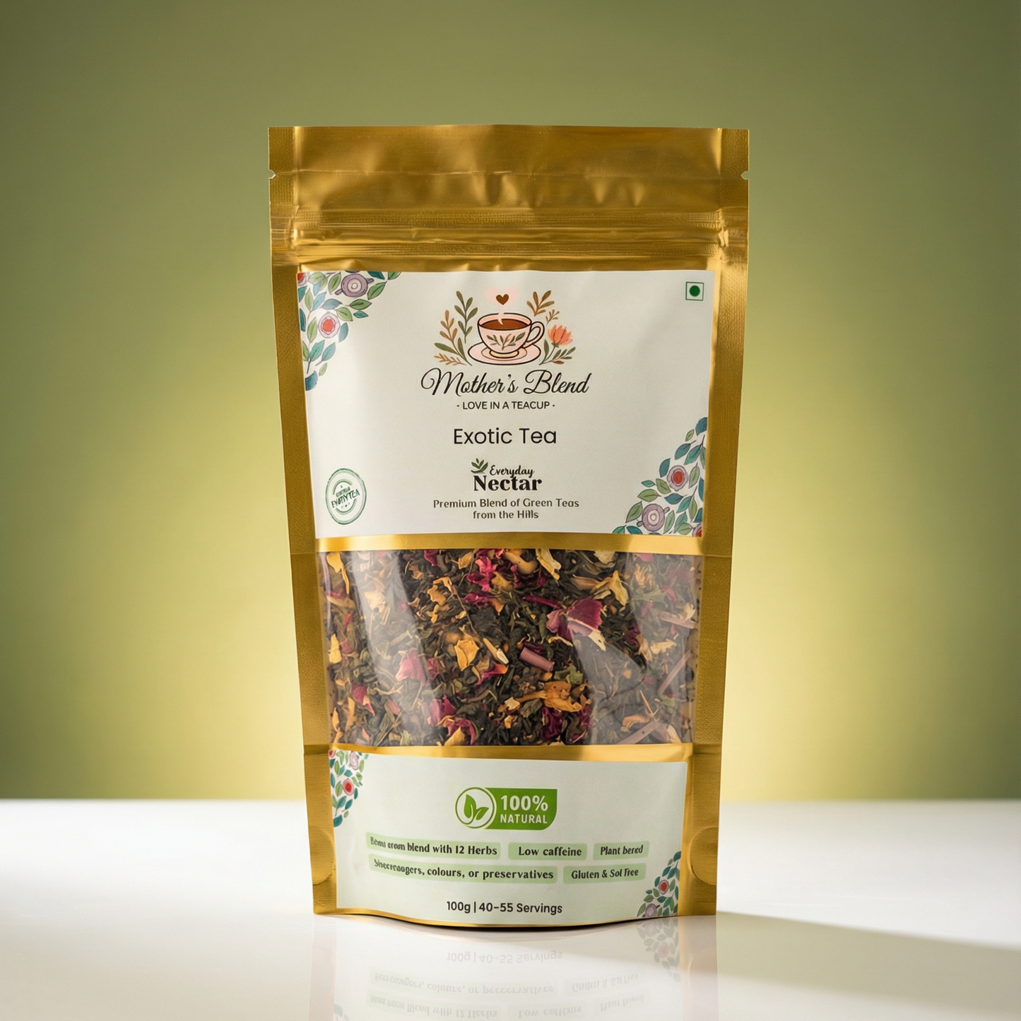 Green tea package with 'Mother's Blend' branding on a gradient background