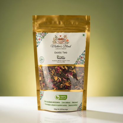 Green tea package with 'Mother's Blend' branding on a gradient background