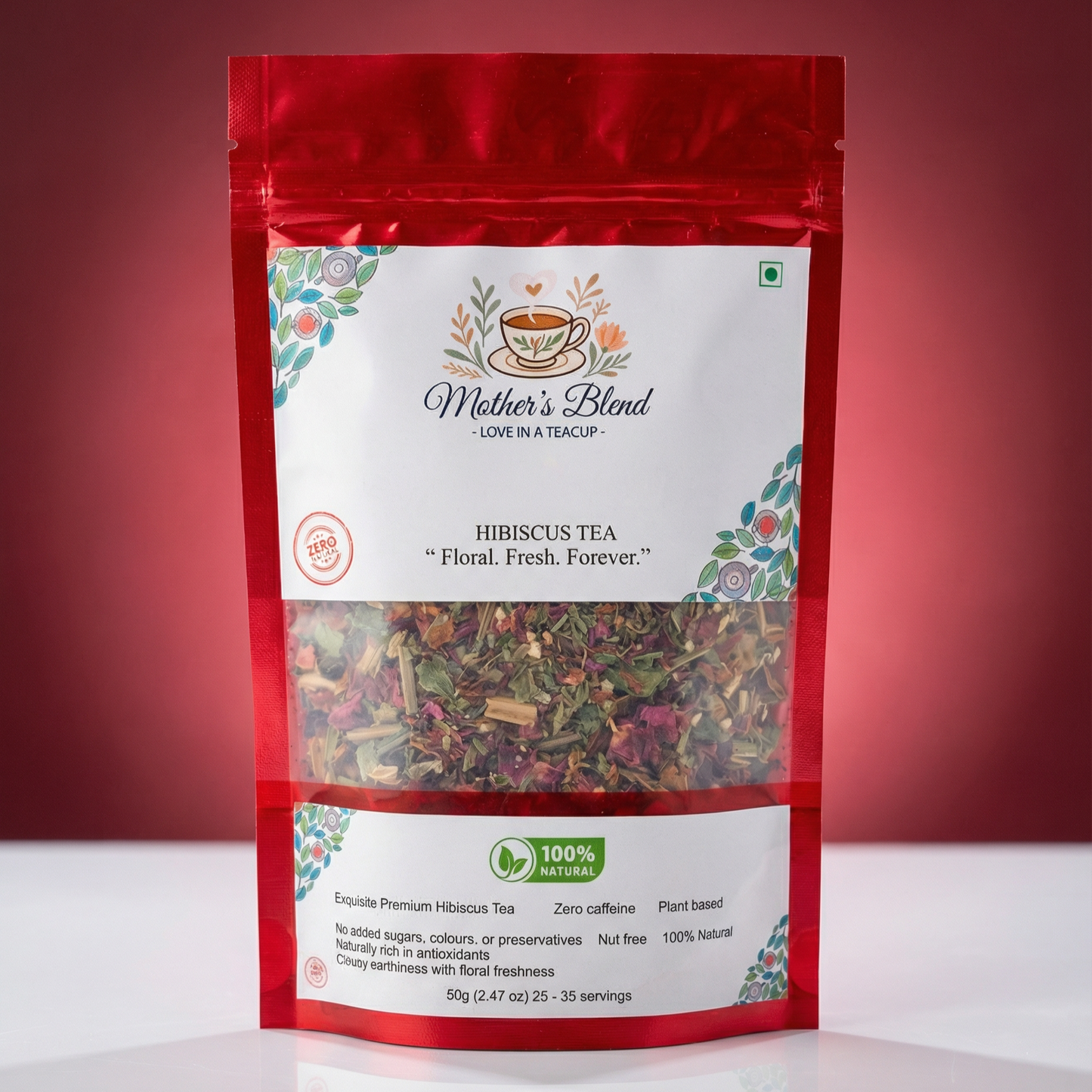 Red package of 'Mother's Blend' hibiscus tea with a white label on a red background