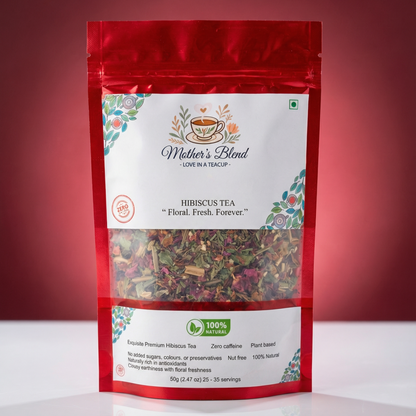 Red package of 'Mother's Blend' hibiscus tea with a white label on a red background