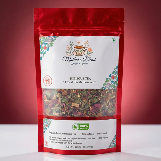 Red package of 'Mother's Blend' hibiscus tea with a white label on a red background