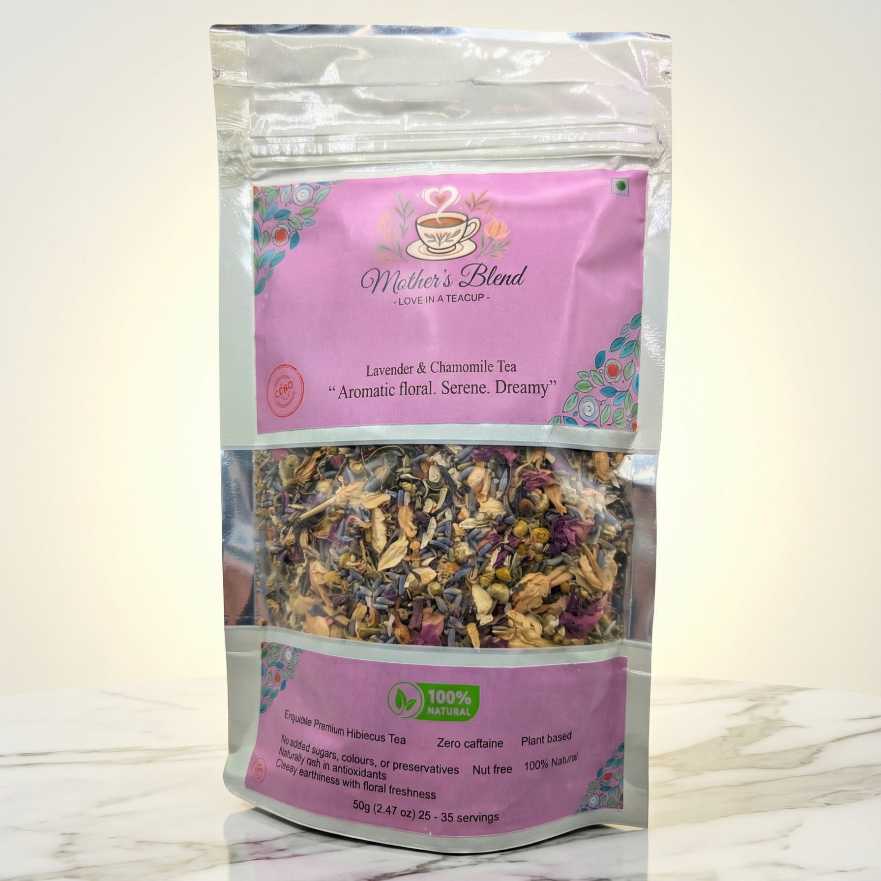 Night time chamomile, jasmine, lavender tea blend with pink label on a white background