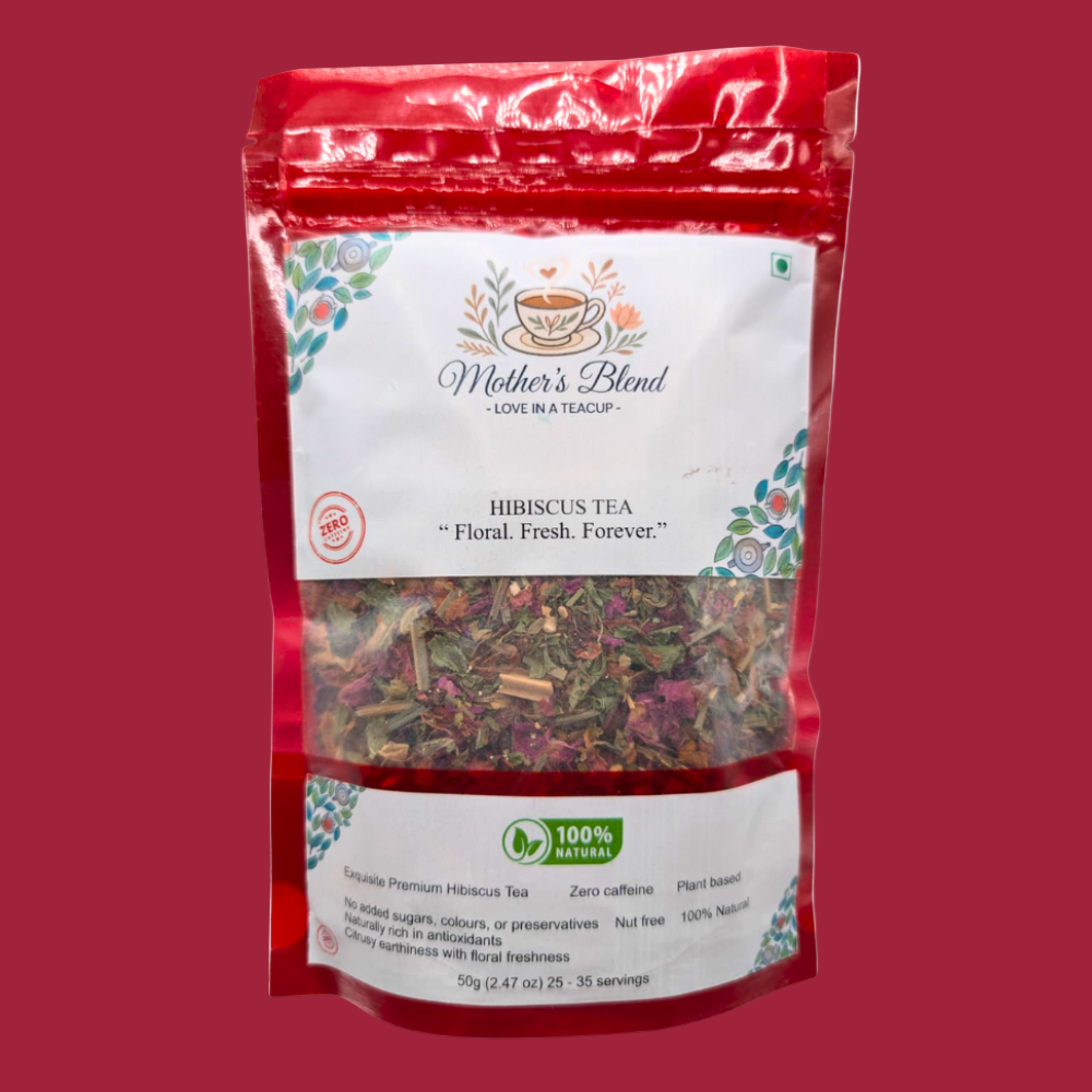 Red package of 'Mother's Blend' Hibiscus Tea on a white background